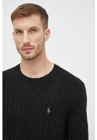 Polo Ralph Lauren sweter wełniany kolor czarny. Typ kołnierza: polo. Kolor: czarny. Materiał: wełna. Długość rękawa: długi rękaw. Długość: długie. Wzór: ze splotem #4