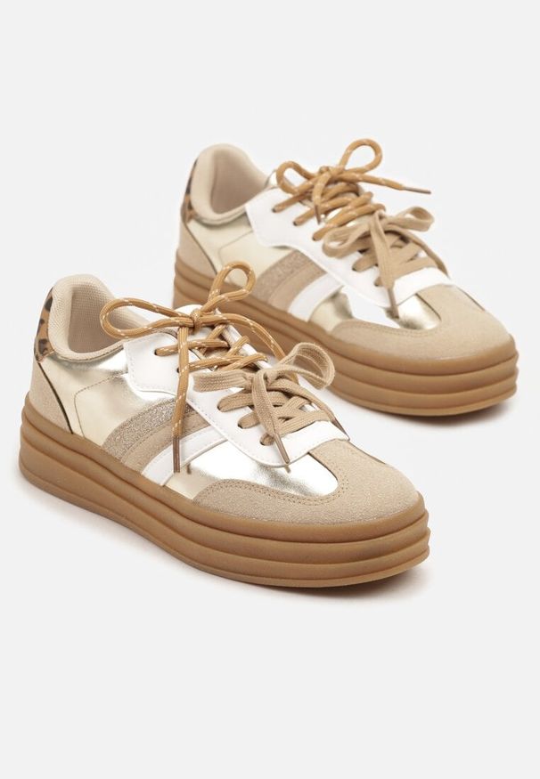Born2be - Złote Sneakersy na Kauczukowej Podeszwie z Brokatem Telisetia. Okazja: na co dzień. Kolor: złoty. Materiał: kauczuk