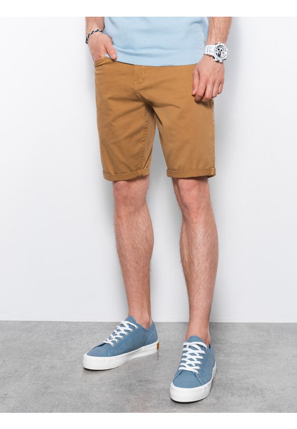 Ombre Clothing - Krótkie spodenki męskie casual W303 - camel - XXL. Okazja: na co dzień. Materiał: elastan, tkanina, bawełna. Długość: krótkie. Sezon: lato. Styl: casual