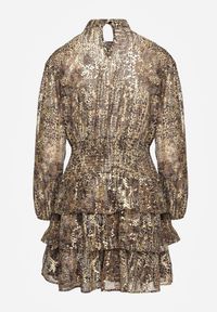 Renee - Brązowa Koktajlowa Panterkowa Sukienka z Gumkami w Pasie Ozdobiona Falbankami Quinthelia. Okazja: na co dzień. Typ kołnierza: kołnierz z falbankami. Kolor: brązowy. Wzór: aplikacja. Typ sukienki: proste. Styl: wizytowy #7