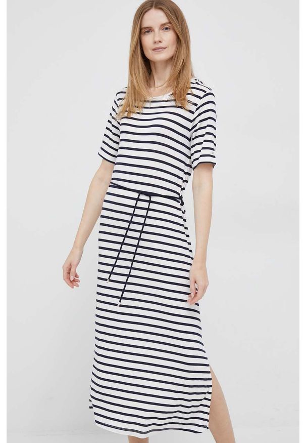 TOMMY HILFIGER - Tommy Hilfiger sukienka kolor beżowy midi prosta. Okazja: na co dzień. Kolor: beżowy. Materiał: materiał. Długość rękawa: krótki rękaw. Typ sukienki: proste. Styl: casual. Długość: midi