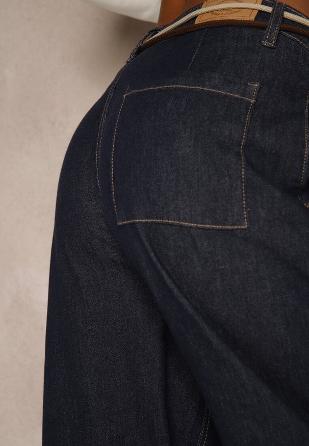 Renee - Niebieskie Szerokie Jeansy z Bawełny High Waist Ozdobione Sznurkiem Landa. Okazja: na co dzień. Stan: podwyższony. Kolor: niebieski. Wzór: aplikacja. Styl: rockowy, casual