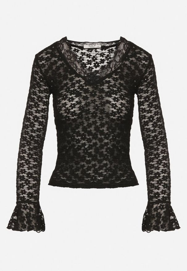 Born2be - Czarna Koronkowa Bluzka z Długim Rękawem z Falbanką Isotara. Okazja: na co dzień. Typ kołnierza: dekolt w serek. Kolor: czarny. Materiał: koronka. Długość rękawa: długi rękaw. Długość: długie. Styl: casual, elegancki