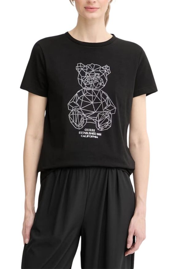 Guess - GUESS Czarny damski t-shirt na krótki rękaw z cyrkoniami Romy, Rozmiar M. Okazja: na co dzień. Kolor: czarny. Długość rękawa: krótki rękaw. Długość: krótkie. Styl: elegancki, casual