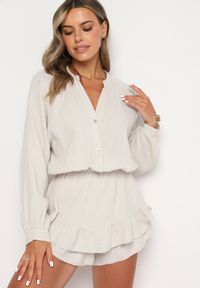 Born2be - Jasnobeżowy Bawełniany Kombinezon z Elastyczną Gumką w Talii i Spódnico-Spodenkami Gleasea. Okazja: na co dzień. Kolor: beżowy. Materiał: bawełna. Styl: elegancki, casual #2