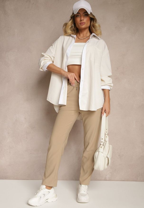 Renee - Jasnobeżowe Spodnie o Szerokim Kroju z Metalicznymi Ozdobami i Wiązaniem Voressa. Okazja: na co dzień. Kolor: beżowy. Wzór: aplikacja. Styl: casual, klasyczny