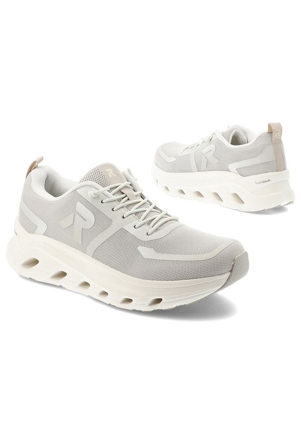 Sneakersy damskie Rieker, nowoczesna forma z lekkiej oddychającej cholewki zapewniająca wygodę amortyzowana podeszwa sportowy charakter, szare, W3504. Okazja: na co dzień. Zapięcie: sznurówki. Kolor: szary. Materiał: materiał. Szerokość cholewki: normalna