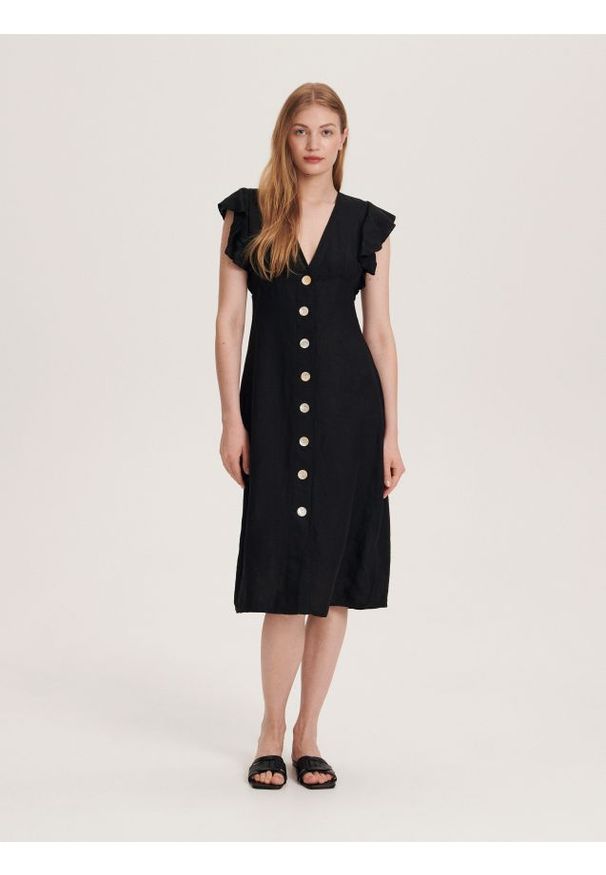 Reserved - Sukienka midi z lnu - czarny. Kolor: czarny. Materiał: len. Wzór: gładki. Długość: midi