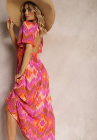 Renee - Fioletowo-Pomarańczowa Sukienka Rozkloszowana z Dekoltem w V Natica. Kolor: fioletowy. Materiał: tkanina. Sezon: lato #1