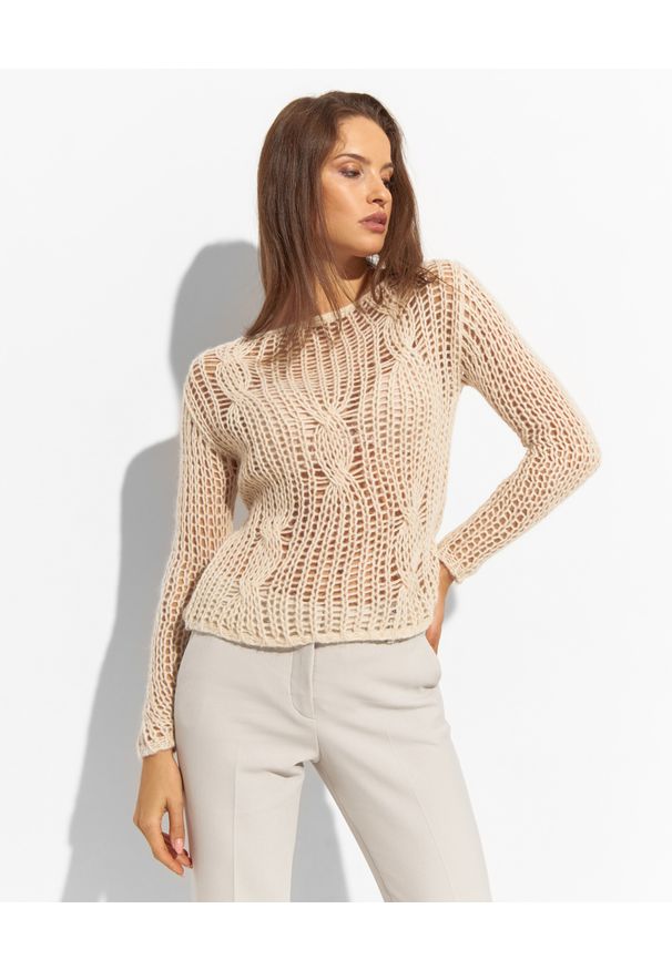 PESERICO - Ażurowy sweter z wełny alpaki. Kolor: beżowy. Materiał: wełna. Długość rękawa: długi rękaw. Długość: długie. Wzór: ażurowy