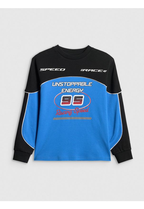4f - 4F Bluza dresowa loose bez kaptura chłopięca - niebieska 158/164 (12-14 lat). Okazja: na co dzień. Typ kołnierza: bez kaptura. Kolor: niebieski. Materiał: dresówka. Sezon: lato. Styl: casual, klasyczny
