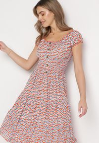 Born2be - Pomarańczowo-Niebieska Wiskozowa Sukienka Midi Rozkloszowana z Metalowymi Guzikami Exodia. Kolor: pomarańczowy. Materiał: wiskoza. Styl: klasyczny, elegancki. Długość: midi #5