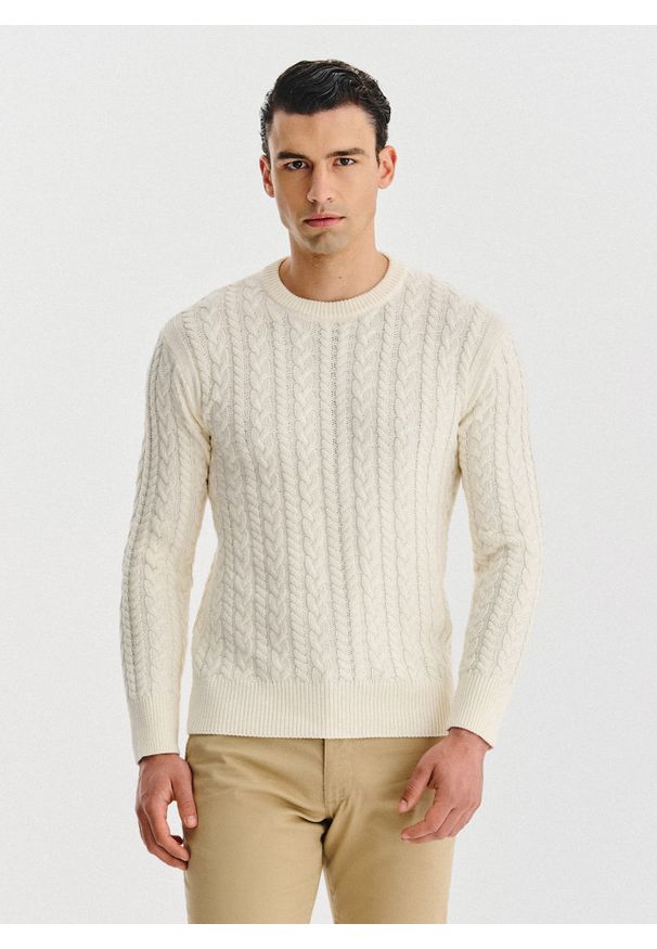 Pako Lorente - PAKO LORENTE - Beżowy sweter męski z kaszmirem. Kolor: beżowy. Materiał: kaszmir. Wzór: ze splotem. Sezon: jesień