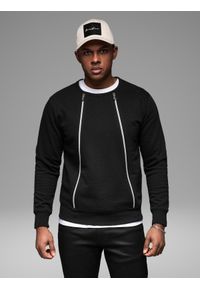 Ombre Clothing - Męska bluza z ozdobnymi zamkami z przodu – czarna V1 - Rozmiar: M. Okazja: na co dzień. Kolor: czarny. Materiał: dresówka, poliester, bawełna. Wzór: aplikacja. Styl: casual