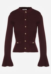 Born2be - Bordowy Kardigan z Wiskozą Ozdobiony Rozszerzanymi Rękawami i Guzikami Tiolenda. Okazja: na co dzień. Kolor: czerwony. Materiał: wiskoza. Wzór: aplikacja. Styl: casual, elegancki #7
