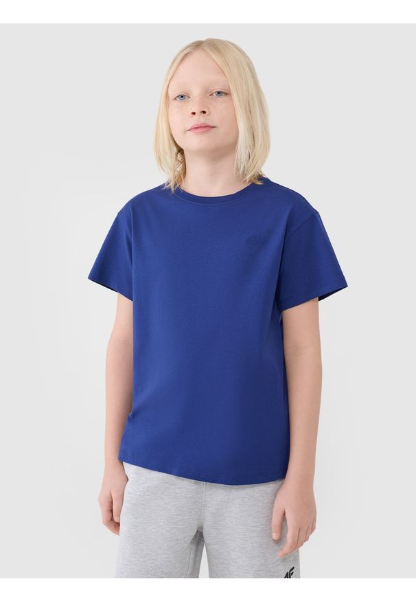 4f - 4F T-shirt oversize gładki chłopięcy - niebieski 122 (6-7 lat). Okazja: na co dzień. Kolor: niebieski. Materiał: jersey, bawełna, dzianina. Długość rękawa: krótki rękaw. Długość: krótkie. Wzór: gładki. Sezon: lato. Styl: sportowy, klasyczny, casual