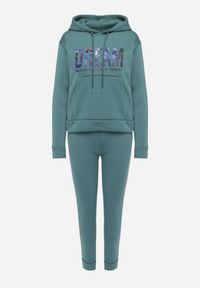 Born2be - Zielony Ocieplany Komplet Dresowy z Bawełny Joggery i Bluza z Kapturem i Nadrukiem Filola. Kolor: zielony. Materiał: dresówka, bawełna. Wzór: nadruk #6