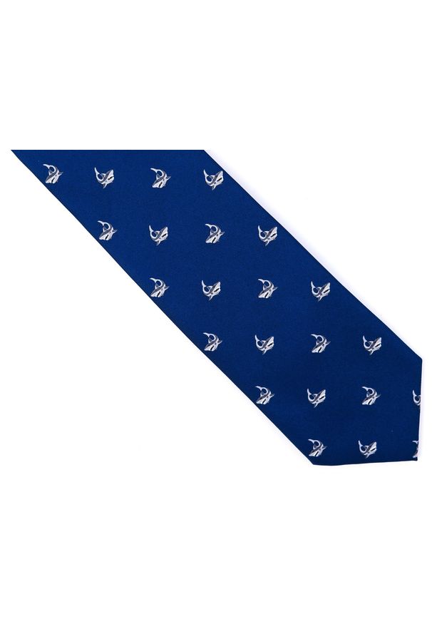 Modini - Granatowy krawat męski z rekinami D173. Kolor: niebieski. Materiał: mikrofibra, tkanina