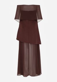 Born2be - Brązowa Koktajlowa Sukienka z Odkrytymi Ramionami i Dodatkowym Szalem Krynaya. Okazja: na imprezę. Kolor: brązowy. Długość rękawa: na ramiączkach. Typ sukienki: z odkrytymi ramionami. Styl: wizytowy #8