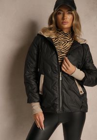 Renee - Czarna Kurtka z Pikowanymi Przeszyciami Kontrastowymi Wstawkami i Kapturem Tulirea. Okazja: na co dzień. Typ kołnierza: kaptur. Kolor: czarny. Materiał: jeans. Styl: casual, elegancki #3
