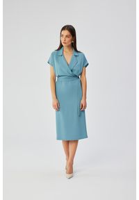 MOE - Zimnoniebieska Midi Ołówkowa Sukienka z Kołnierzem. Materiał: poliester, elastan. Typ sukienki: ołówkowe. Długość: midi #1