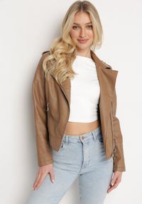 Born2be - Brązowa Kurtka Ramoneska z Ekoskóry Zapinana Asymetrycznie na Suwak z Przeszyciami Passaflora. Okazja: na co dzień. Kolor: brązowy. Materiał: jeans. Styl: casual, klasyczny, rockowy #3