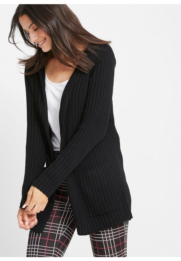 bonprix - Sweter bez zapięcia z kapturem. Typ kołnierza: kaptur. Kolor: czarny. Długość: długie