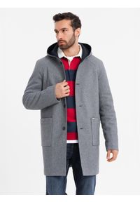 Ombre Clothing - Melanżowy męski długi płaszcz z kapturem – szary V1 - Rozmiar: XXL. Typ kołnierza: kaptur. Kolor: niebieski. Materiał: tkanina, wełna, poliester, materiał, syntetyk, włókno, nylon. Długość: długie. Wzór: melanż. Sezon: zima. Styl: elegancki #8