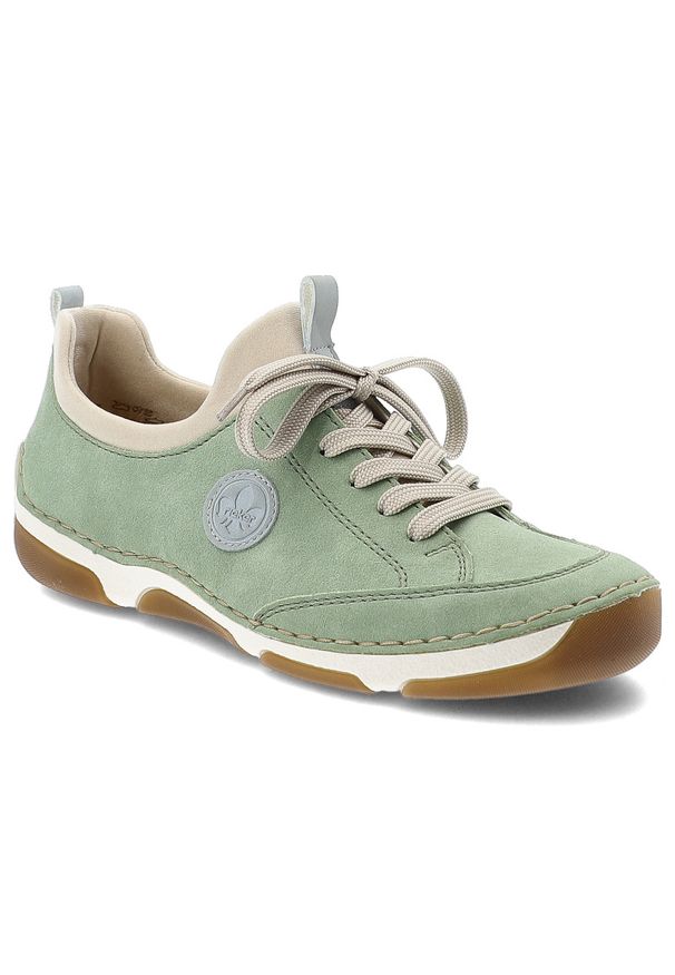 Półbuty damskie Rieker, cholewka skóra ekologiczna wsuwane niski fason zaokrąglony nosek kontrastowe elementy kolorystyczne pętla z tyłu masywna lini. Okazja: na spacer, na co dzień. Zapięcie: bez zapięcia. Kolor: zielony. Materiał: skóra ekologiczna. Szerokość cholewki: normalna. Styl: casual, elegancki, sportowy, klasyczny