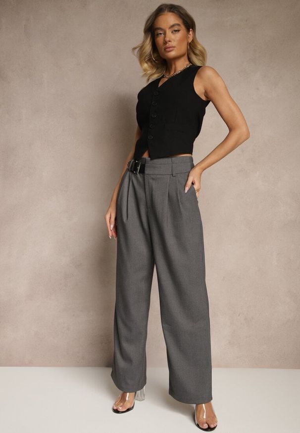 Renee - Szare Szerokie Spodnie Garniturowe z Wiskozą High Waist Ozdobione Paskiem Elowanda. Okazja: na co dzień. Stan: podwyższony. Kolor: szary. Materiał: wiskoza. Wzór: aplikacja. Styl: casual, elegancki