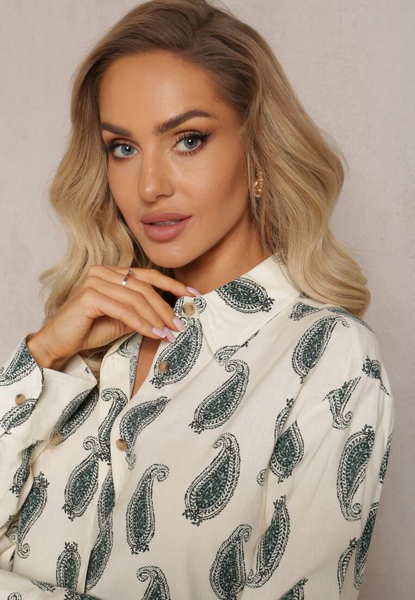 Renee - Beżowo-Zielona Bawełniana Koszula z Drobnym Wzorem Paisley Kaisleigh. Kolor: beżowy. Materiał: bawełna. Wzór: paisley. Styl: klasyczny