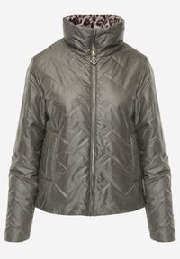 Renee - Zielona Pikowana Kurtka Dwustronna z Motywem Panterki i Naszywką Damike. Kolor: zielony. Wzór: motyw zwierzęcy, aplikacja. Sezon: wiosna #5