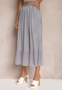 Renee - Szara Rozkloszowana Spódnica z Tiulu Wykończona Gumką w Pasie Risshara. Okazja: na co dzień. Kolor: szary. Materiał: tiul. Styl: casual, elegancki
