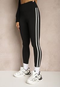 Renee - Czarne Legginsy High Waist z Push-Upem z Elastycznego Materiału z Lampasami Ateria. Okazja: na co dzień, na spacer. Stan: podwyższony. Kolor: czarny. Materiał: materiał. Styl: casual #4