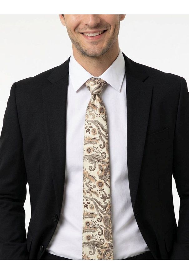 Męski Krawat - Kremowy w Orientalny Wzór - Alties. Kolor: kremowy. Materiał: tkanina. Styl: elegancki, wizytowy