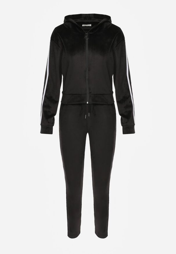 Renee - Czarny 2-Częściowy Komplet Dresowy z Weluru z Ozdobnymi Lampasami Bluza i Spodnie Anelpe. Kolor: czarny. Materiał: welur, dresówka