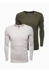 Ombre Clothing - Zestaw longsleeve męski V-NECK - mix 2-pak V5 Z41 - XXL. Okazja: na co dzień. Kolor: beżowy. Materiał: materiał, tkanina, skóra, bawełna. Długość rękawa: długi rękaw. Długość: długie. Wzór: jednolity, gładki. Styl: casual, wizytowy, klasyczny