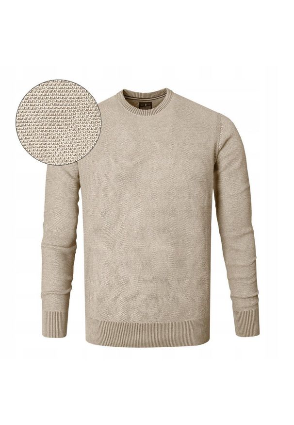 Męski Sweter Bawełniany, Delikatna Faktura Materiału - Pako Jeans - Beżowy. Kolor: brązowy, beżowy, wielokolorowy. Materiał: bawełna. Styl: elegancki, klasyczny