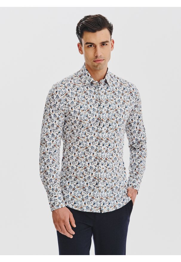 Pako Lorente - PAK LORENTE - Biała koszula męska kolorowe kwiaty. Kolor: biały. Materiał: bawełna, elastan. Długość rękawa: długi rękaw. Długość: długie. Wzór: kolorowy, kwiaty. Sezon: jesień