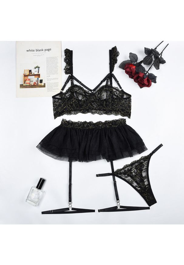 Intica - Komplet bielizny z falbanką i koronką dla kobiet Leontine. Kolor: czarny. Materiał: koronka. Wzór: koronka