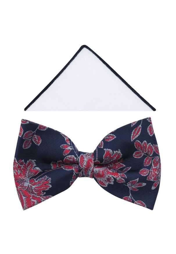 Modini - Granatowa mucha w czerwone kwiaty A390. Kolor: wielokolorowy, czerwony, niebieski. Materiał: poliester, tkanina. Wzór: kwiaty. Styl: elegancki