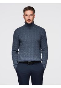 Ombre Clothing - Męski sweter golf z warkoczowym splotem – granatowy V3 - Rozmiar: XL. Okazja: na co dzień. Typ kołnierza: golf. Kolor: niebieski. Materiał: wełna, bawełna, akryl, nylon, dzianina. Wzór: ze splotem. Styl: klasyczny, casual, elegancki #1