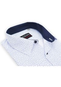 Modini - Biała koszula w granatowy wzorek A57. Kolor: biały, wielokolorowy, niebieski. Materiał: bawełna, poliester, tkanina. Długość: długie. Styl: klasyczny #1