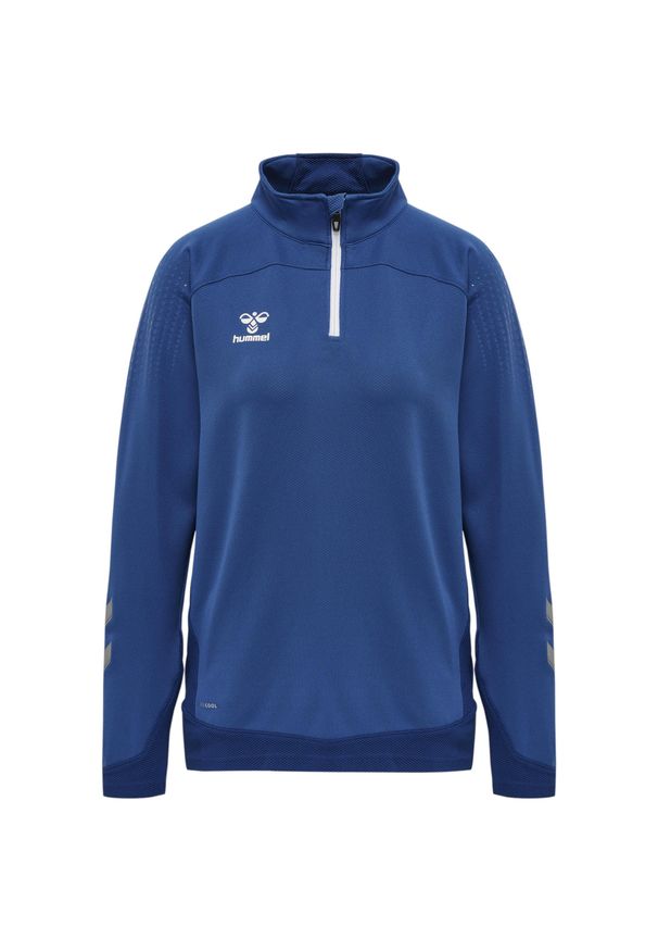 Damska bluza dresowa half zip Hummel Lead. Kolor: niebieski. Materiał: dresówka. Wzór: nadruk. Sport: piłka nożna