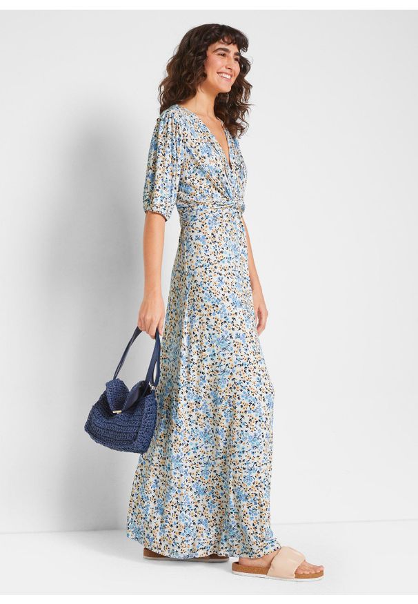 bonprix - Długa sukienka ciążowa i do karmienia piersią. Kolekcja: moda ciążowa. Kolor: niebieski. Materiał: wiskoza. Wzór: kwiaty. Typ sukienki: kopertowe. Długość: maxi