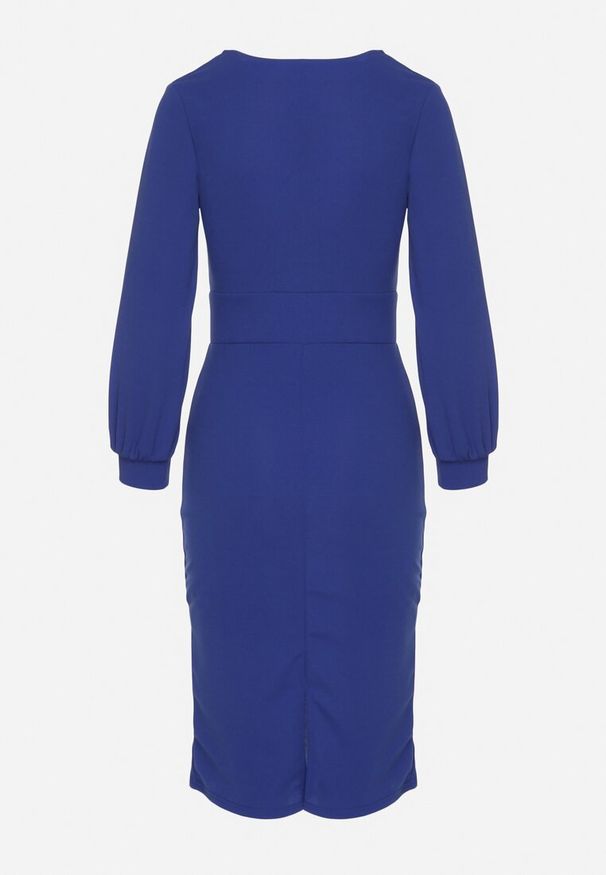 Born2be - Niebieska Ołówkowa Sukienka z Kopertowym Dekoltem i Bufiastymi Rękawami Ertellia. Okazja: na ślub cywilny, na wesele, na randkę. Typ kołnierza: dekolt kopertowy. Kolor: niebieski. Typ sukienki: ołówkowe, kopertowe. Styl: klasyczny