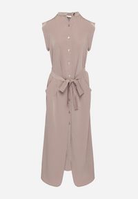 Born2be - Brązowa Sukienka Koszulowa o Rozkloszowanym Kroju z Wiązaniem w Pasie Mavirielle. Okazja: na co dzień. Typ kołnierza: dekolt w serek. Kolor: brązowy. Materiał: skóra. Długość rękawa: długi rękaw. Typ sukienki: koszulowe. Styl: casual, elegancki #3