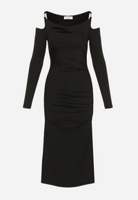 Born2be - Czarna Koktajlowa Sukienka z Wyciętym Ramionami z Klamerką i Marszczeniem Glimie. Kolor: czarny. Styl: wizytowy #3