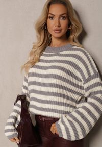 Renee - Biało-Szary Casualowy Sweter z Bawełną Ozdobiony Paskami Zinaja. Okazja: na co dzień. Kolor: biały. Materiał: bawełna. Wzór: aplikacja. Styl: casual #3