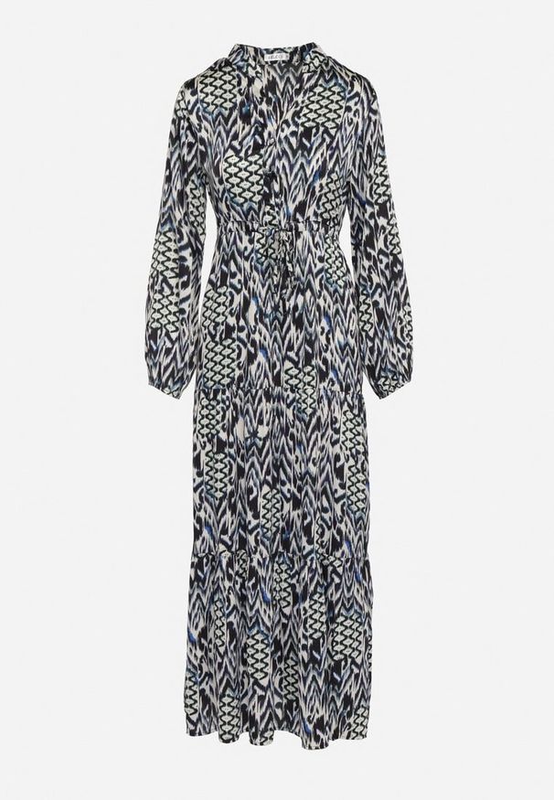 Born2be - Niebieska Rozkloszowana Sukienka z Paskiem w Talii i Falbanką Zapinana na Guziki Loremarie. Okazja: na co dzień. Kolor: niebieski. Wzór: aplikacja. Typ sukienki: proste. Styl: elegancki, casual